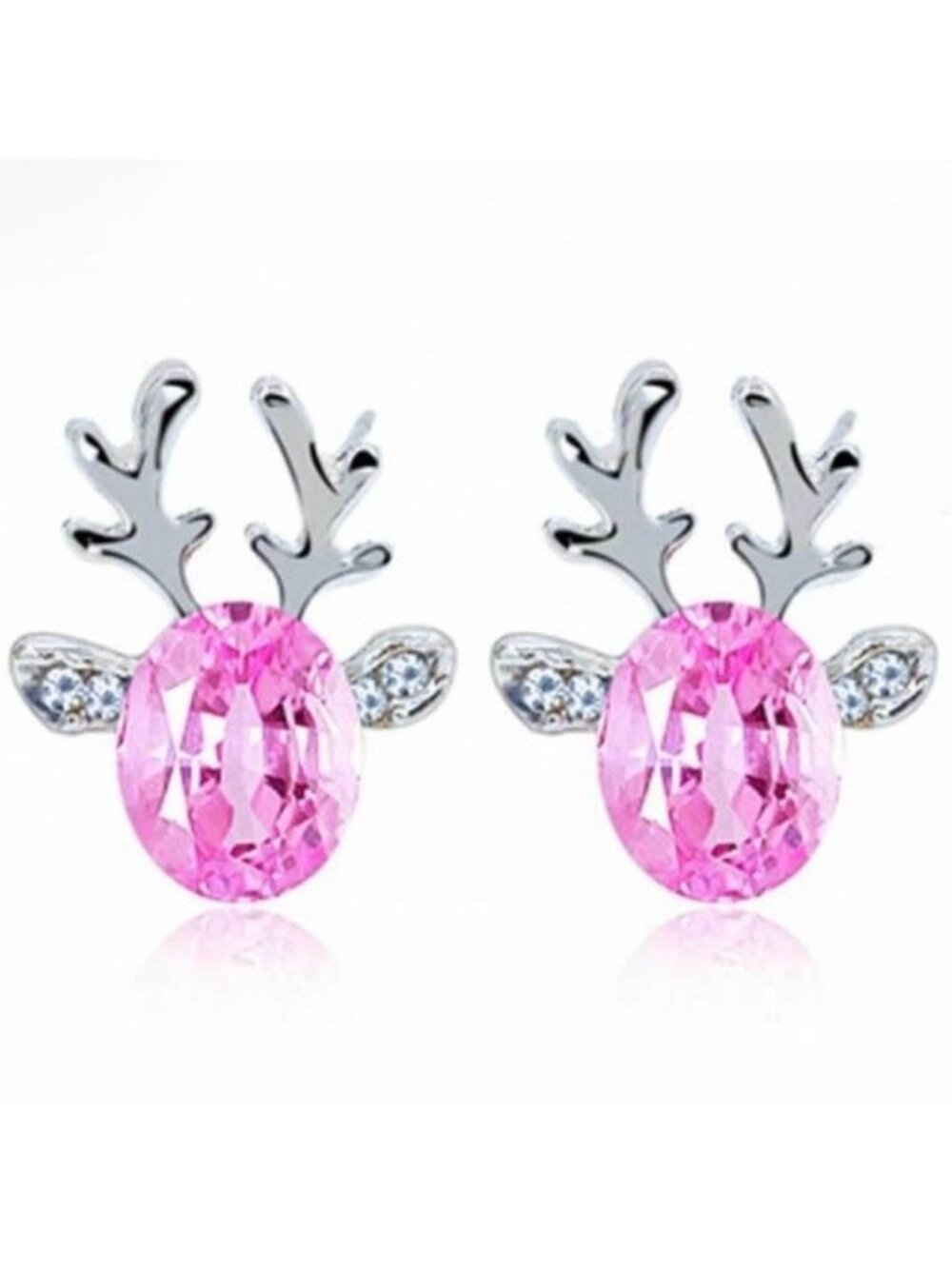 Reindeer Pink Crystal Christmas Silver Stud Earrings